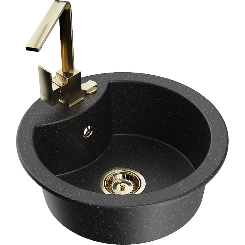 Mexen Diego Granitspüle 1-Kammer mit Küchenarmatur Rita, schwarz/silber metallic - 6512-73-670300-50