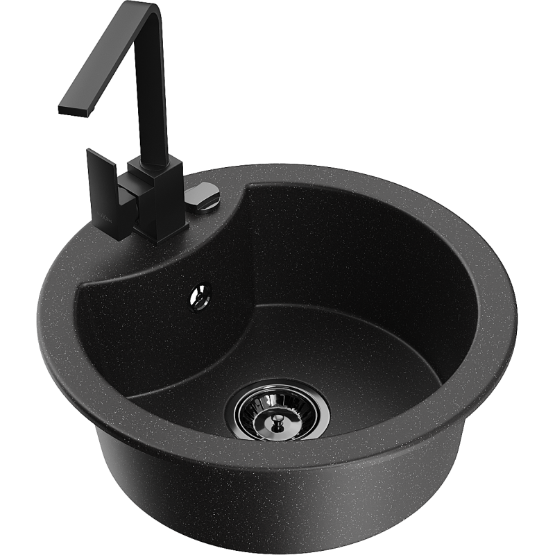 Mexen Diego granite sink 1-bowl with Rita kitchen tap, black/silver metallic - 6512-73-670300-70-B