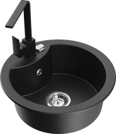 Mexen Diego granite sink 1-bowl with Rita kitchen tap, black/silver metallic - 6512-73-670300-70
