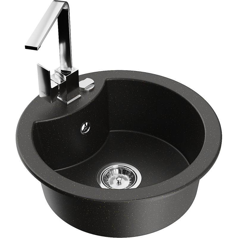 Mexen Diego 1-bowl granite sink with Rita kitchen tap, black/golden metallic - 6512-75-670300-00