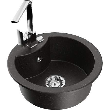 Mexen Diego 1-bowl granite sink with Rita kitchen tap, black/golden metallic - 6512-75-670300-00