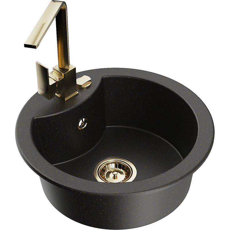 Mexen Diego fregadero de granito de 1 cubeta con grifo de cocina Rita, negro/oro metálico - 6512-75-670300-50