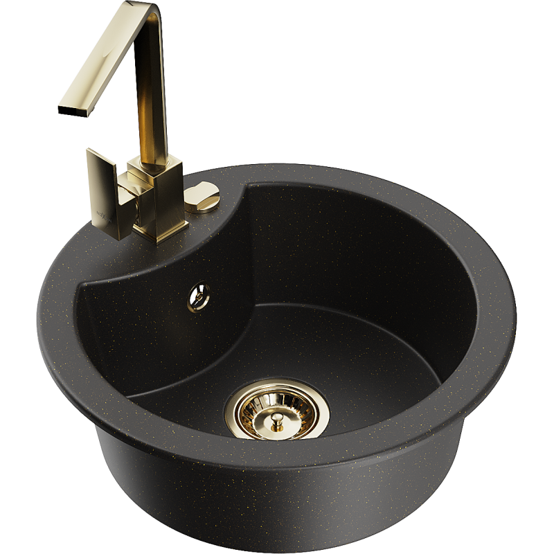 Mexen Diego granieten spoelbak 1-komor met keukenmengkraan Rita, zwart/gouden metallic - 6512-75-670300-50