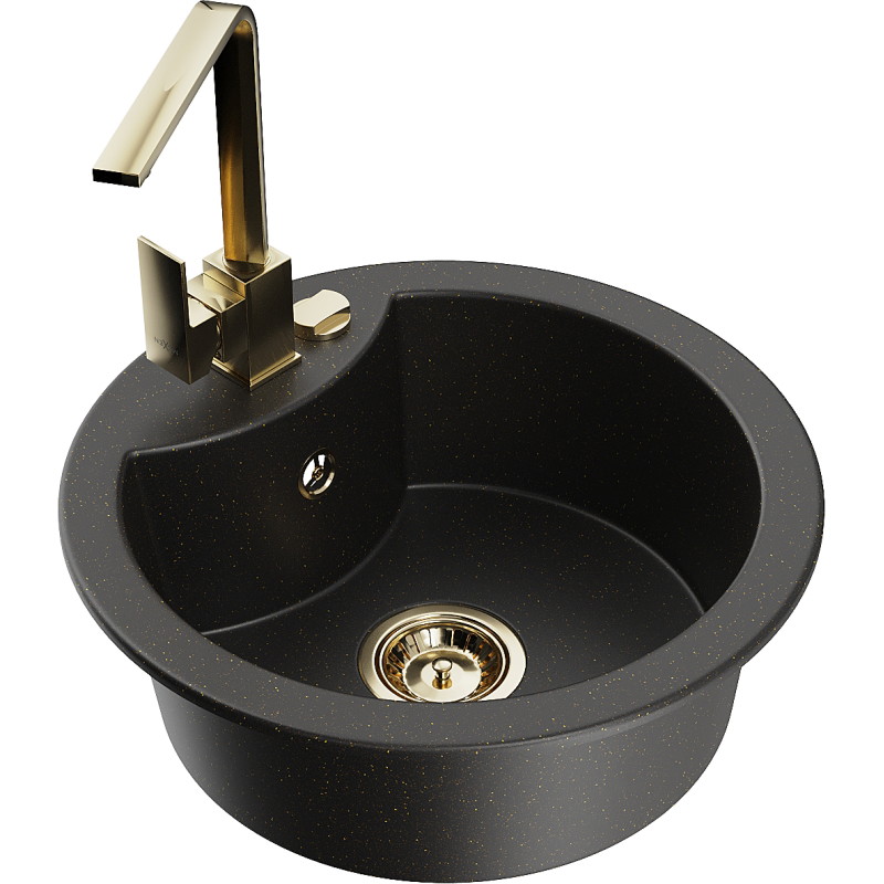 Mexen Diego granitische spoelbak met 1 spoelbak met keukenkraan Rita, zwart/gouden metallic - 6512-75-670300-50