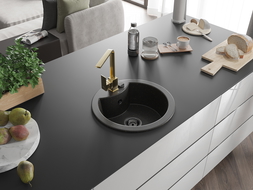 Mexen Diego granite sink 1-bowl with Rita kitchen tap, black/gold metallic - 6512-75-670300-50-B
