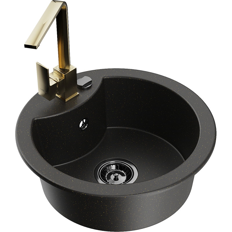 Mexen Diego granit gootsteen 1-komorige met keukenmengkraan Rita, zwart/gouden metallic - 6512-75-670300-50-B
