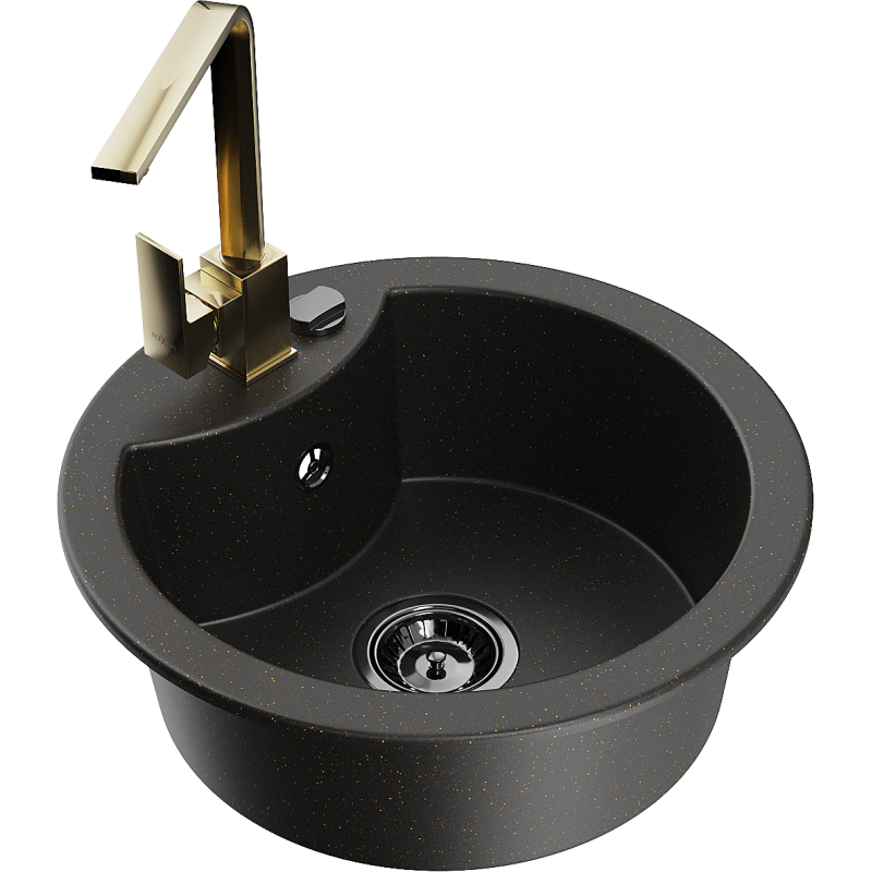 Mexen Diego lava-louça de granito de uma cuba com torneira de cozinha Rita, preto/dourado metálico - 6512-75-670300-50-B