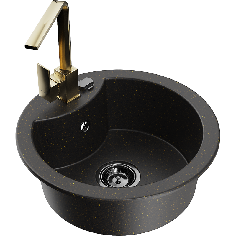 Mexen Diego lavello da cucina in granito a 1 vasca con miscelatore cucina Rita, nero/oro metallico - 6512-75-670300-50-B