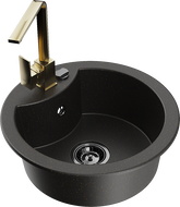 Mexen Diego granite sink 1-bowl with Rita kitchen tap, black/gold metallic - 6512-75-670300-50-B