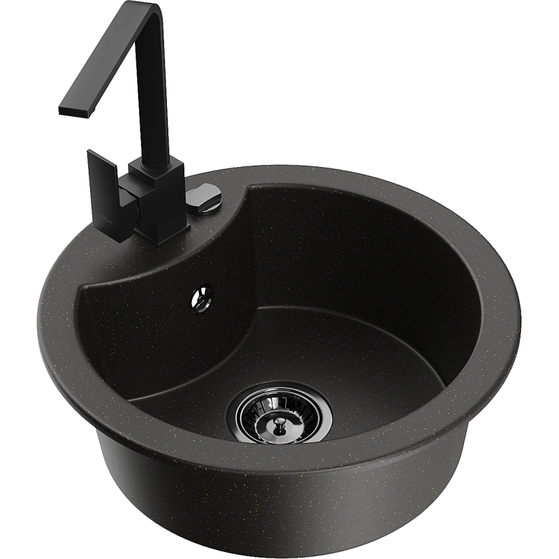 Mexen Diego granite sink 1-bowl with Rita kitchen tap, black/golden metallic - 6512-75-670300-70-B