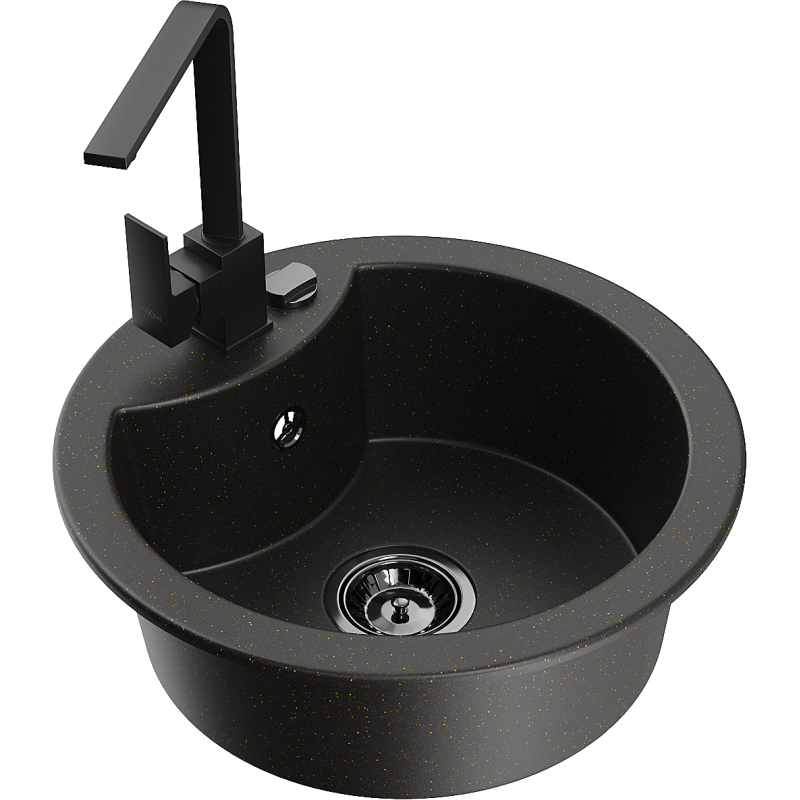 Mexen Diego lava-loiça em granito de 1 cuba com torneira de cozinha Rita, preto/dourado metálico - 6512-75-670300-70-B