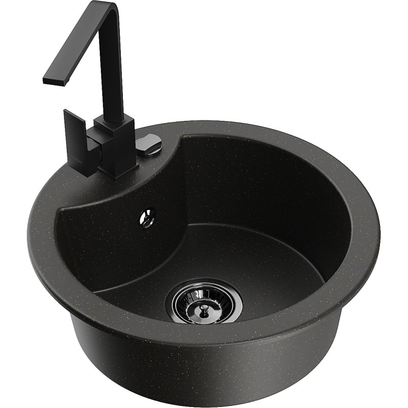 Mexen Diego lavello da cucina in granito 1-vasca con rubinetto Rita, nero/oro metallizzato - 6512-75-670300-70-B