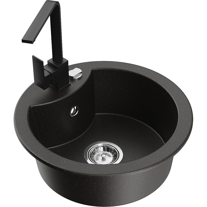 Mexen Diego 1-bowl granite sink with Rita kitchen tap, black/gold metallic - 6512-75-670300-70