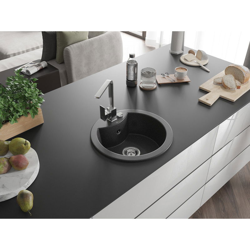 Mexen Diego granite sink 1-bowl with Rita kitchen tap, black speckled - 6512-76-670300-00