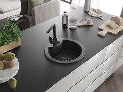 Mexen Diego 1-bowl granite sink with Rita kitchen tap, black speckled - 6512-76-670300-70-B