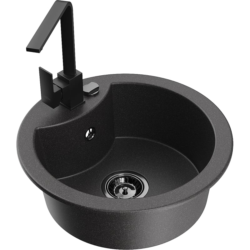 Mexen Diego 1-bowl granite sink with kitchen faucet Rita, speckled black - 6512-76-670300-70-B