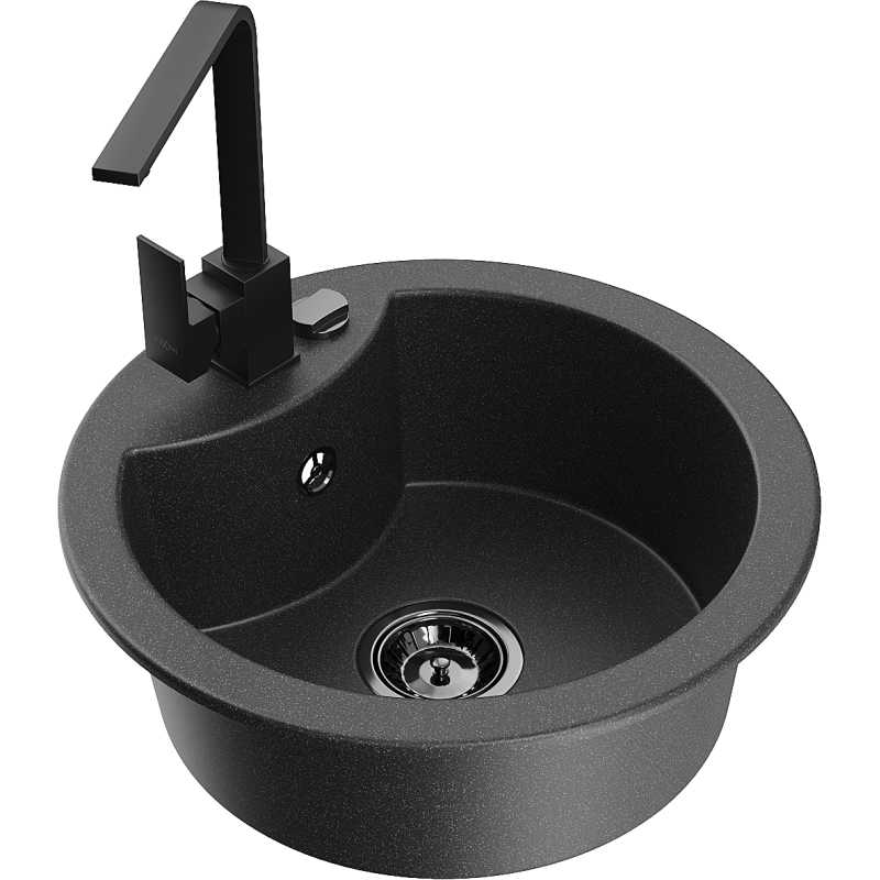 Mexen Diego granitdiskbänk med 1 fack och Rita köksblandare, svart med prickar - 6512-76-670300-70-B