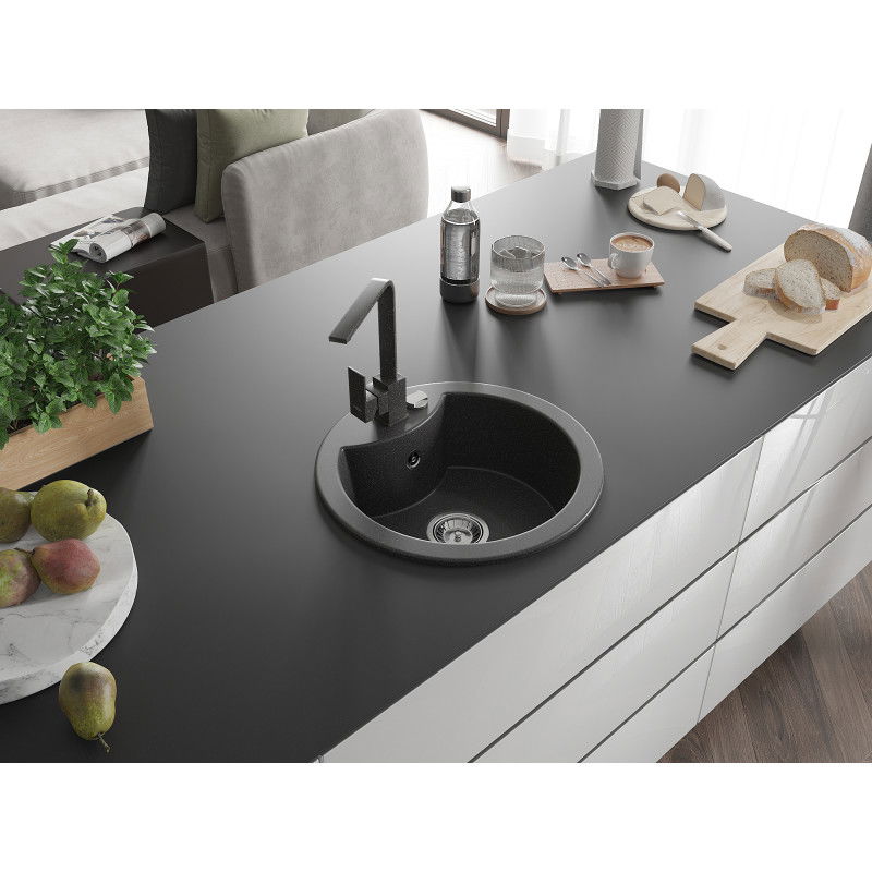 Mexen Diego 1-Bowl Granite Sink with Rita Kitchen Tap, Black Speckled - 6512-76-670300-76