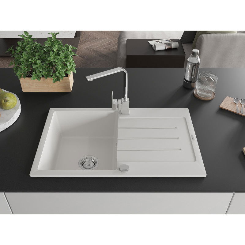 Mexen Bruno 1-bowl granite kitchen sink with draining board and Rita kitchen tap, white - 6513-20-670300-00