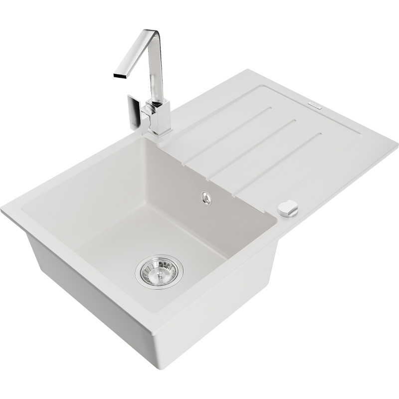Mexen Bruno fregadero de granito de 1 compartimento con escurridor y grifo de cocina Rita, blanco - 6513-20-670300-00