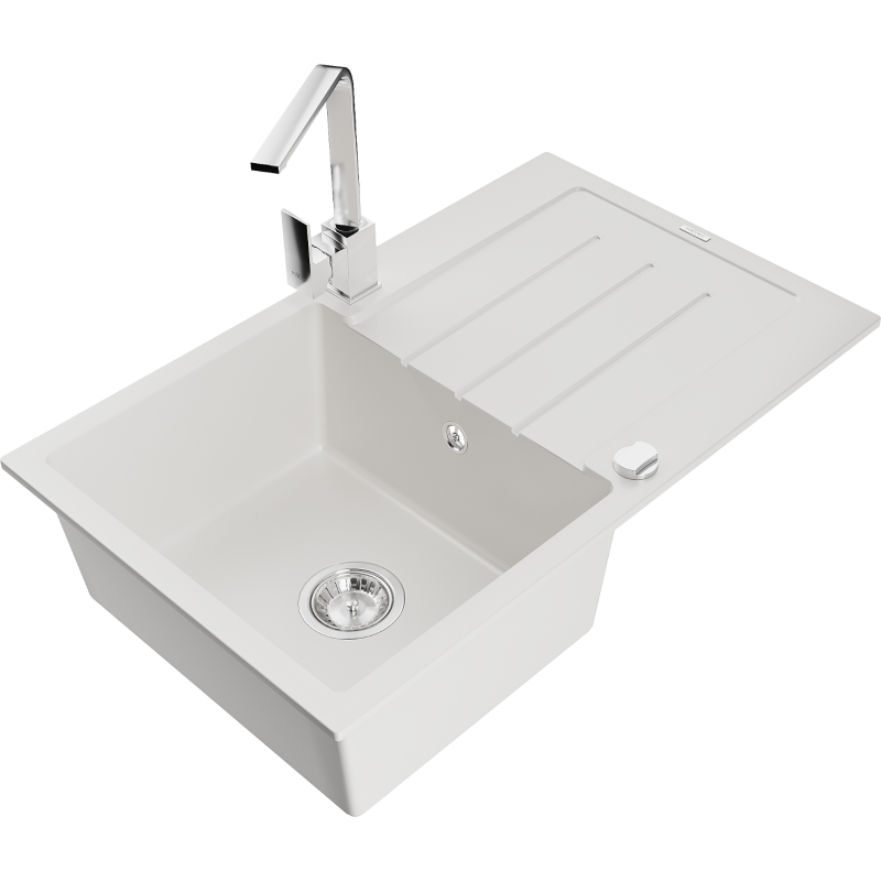 Mexen Bruno lava-loiça de granito de 1 cuba com escorredor e torneira de cozinha Rita, branco - 6513-20-670300-00