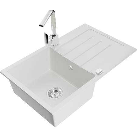 Mexen Bruno fregadero de granito de 1 cubeta con escurridor y grifo de cocina Rita, blanco - 6513-20-670300-00