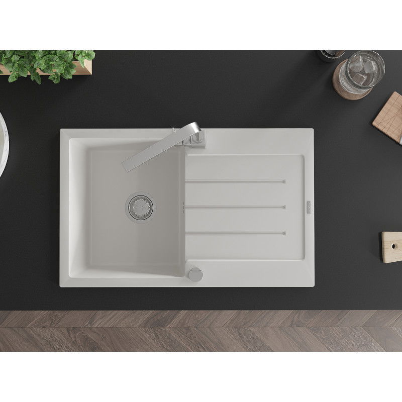 Mexen Bruno 1-bowl granite kitchen sink with draining board and Rita kitchen tap, white - 6513-20-670300-00