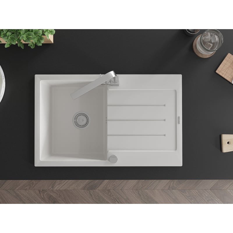 Mexen Bruno granite kitchen sink 1-bowl with draining board and Rita kitchen faucet, white - 6513-20-670300-00