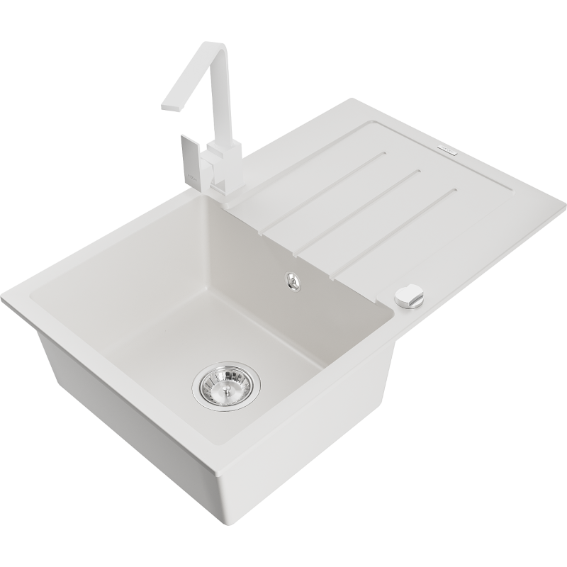 Mexen Bruno granite sink, single-bowl with drainer and Rita kitchen tap, white - 6513-20-670300-20