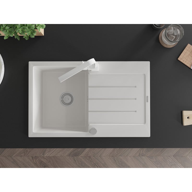 Mexen Bruno granite sink, single-bowl with drainer and Rita kitchen tap, white - 6513-20-670300-20