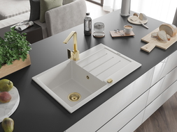 Mexen Bruno fregadero de granito 1-cubeta con escurridor y grifo de cocina Rita, blanco - 6513-20-670300-50