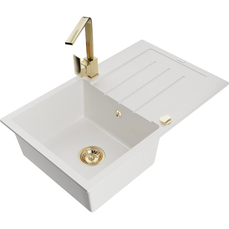 Mexen Bruno lava-loiça de granito de 1 cuba com escorredor e torneira de cozinha Rita, branco - 6513-20-670300-50