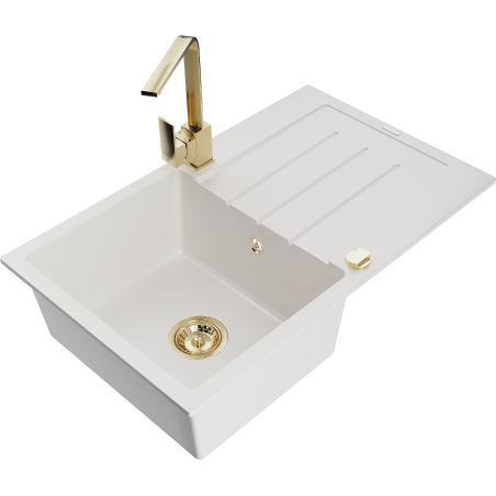 Mexen Bruno fregadero de granito 1-cubeta con escurridor y grifo de cocina Rita, blanco - 6513-20-670300-50