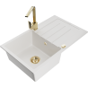Mexen Bruno granite kitchen sink 1-bowl with drainer and Rita kitchen tap, white - 6513-20-670300-50