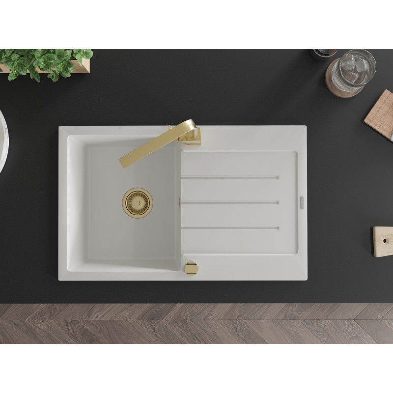 Mexen Bruno granitdiskbänk 1-fack med avlopp och köksblandare Rita, vit - 6513-20-670300-50