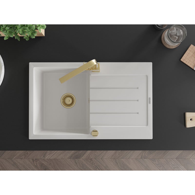 Mexen Bruno lava-loiça de granito de 1 cuba com escorredor e torneira de cozinha Rita, branco - 6513-20-670300-50