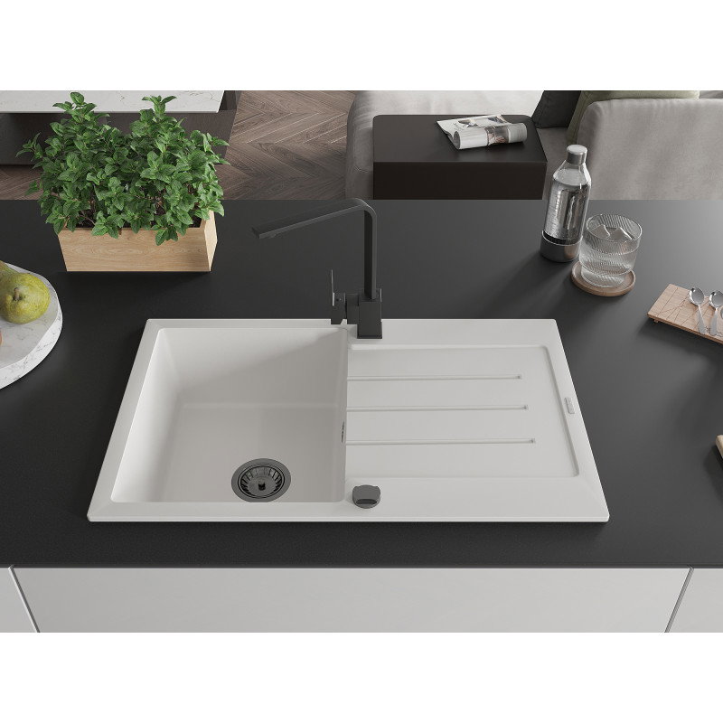 Mexen Bruno granite sink 1-bowl with drainer and Rita kitchen tap, white - 6513-20-670300-70