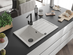 Mexen Bruno lavello in granito 1-vasca con scolapiatti e rubinetto cucina Rita, bianco - 6513-20-670300-70