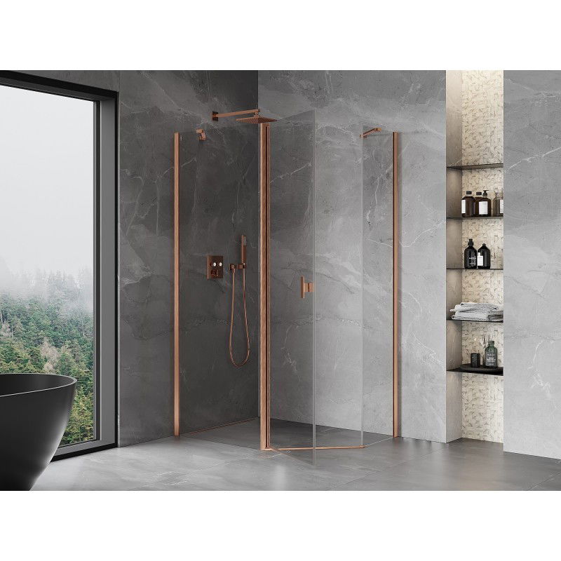 Mexen Mist cabine de douche pentagonale asymétrique pivotante 90 x 80 cm, transparent, cuivre brossé - 8A8-090-080-65-00
