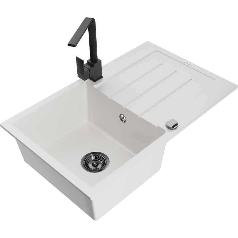 Mexen Bruno granite sink 1-bowl with drainer and Rita kitchen tap, white - 6513-20-670300-70