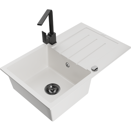 Mexen Bruno granite sink 1-bowl with drainer and Rita kitchen tap, white - 6513-20-670300-70