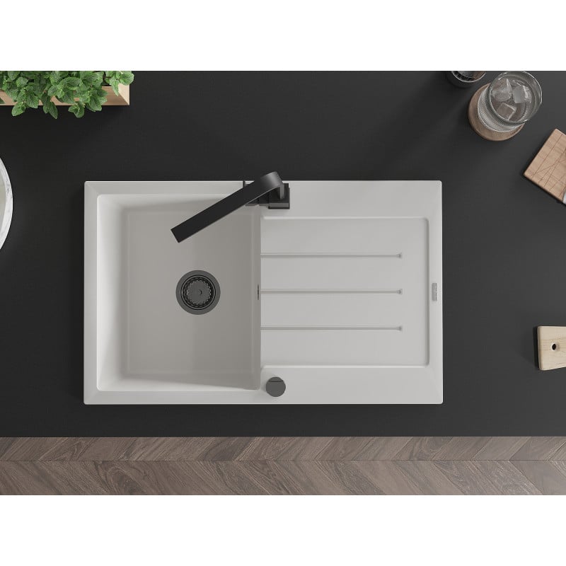 Mexen Bruno granite sink 1-bowl with drainer and Rita kitchen tap, white - 6513-20-670300-70