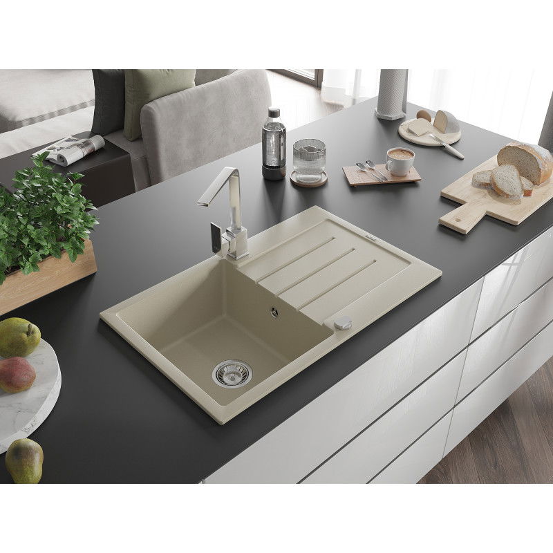 Mexen Bruno fregadero de granito de 1 seno con escurridor y grifo de cocina Rita, beige - 6513-69-670300-00