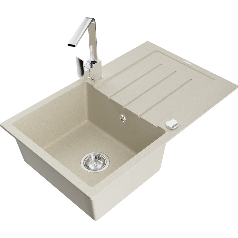 Mexen Bruno fregadero de granito de 1 tazón con escurridor y grifo de cocina Rita, beige - 6513-69-670300-00