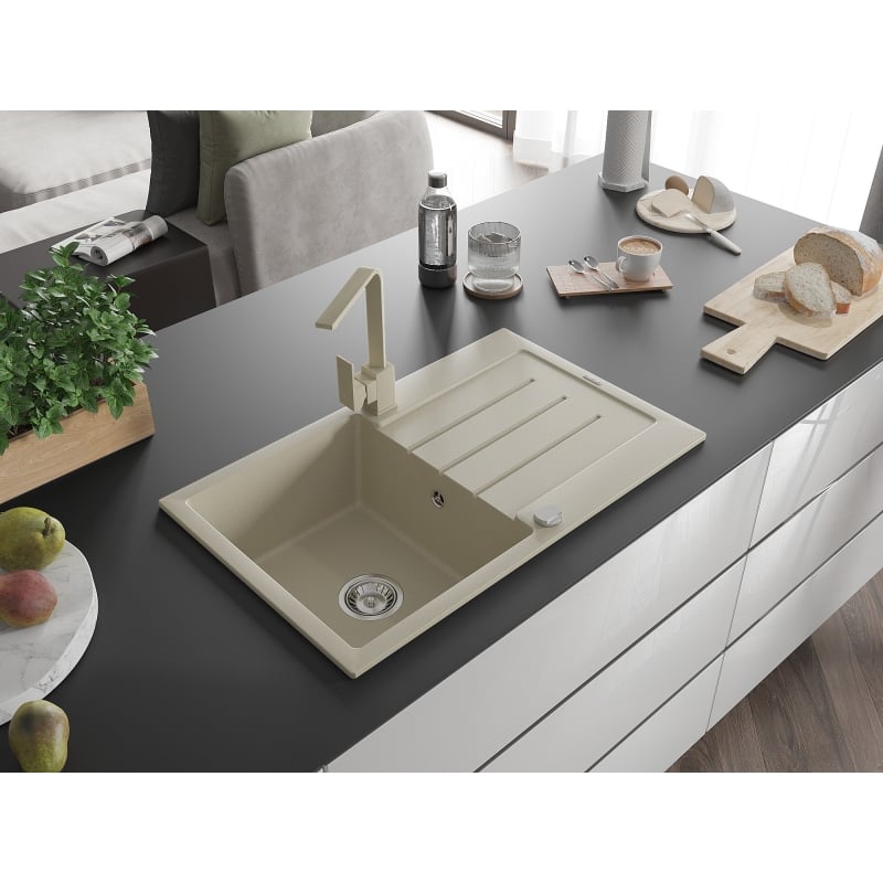 Mexen Bruno granite kitchen sink with 1-bowl, drainer, and kitchen faucet Rita, beige - 6513-69-670300-69