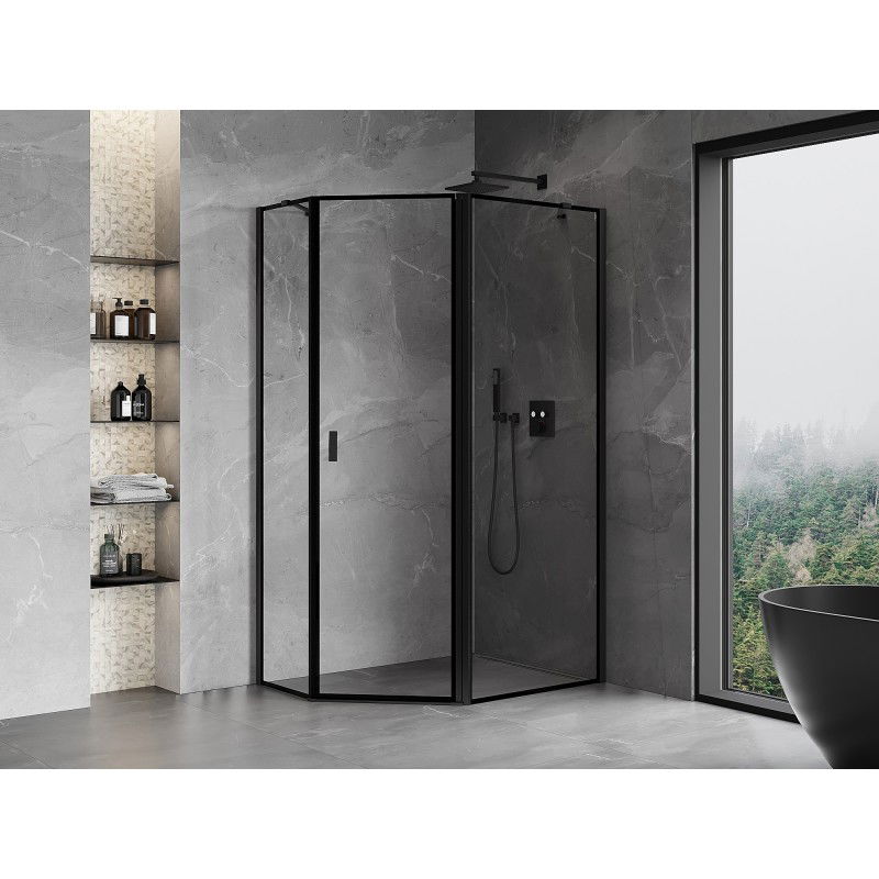 Mexen Mist cabine de douche pentagonale asymétrique pivotante droite 90 x 80 cm, cadre noir, noir - 8A8-090-080-70-70-P