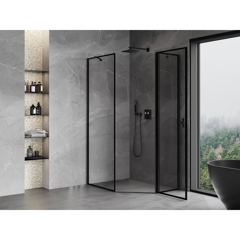 Mexen Mist cabina doccia pentagonale asimmetrica a battente destra 80 x 90 cm, cornice nera, nera - 8A8-080-090-70-70-P