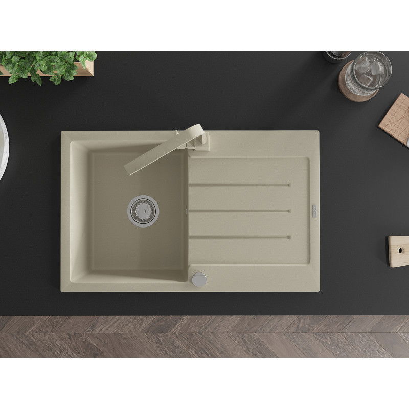 Mexen Bruno 1-bowl granite sink with drainer and Rita kitchen tap, beige - 6513-69-670300-69