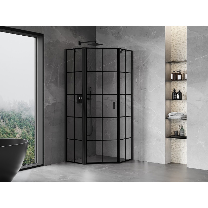 Mexen Mist pentagonal shower cabin with hinged left door 80 x 80 cm, black grid, black - 8A8-080-080-70-77-L