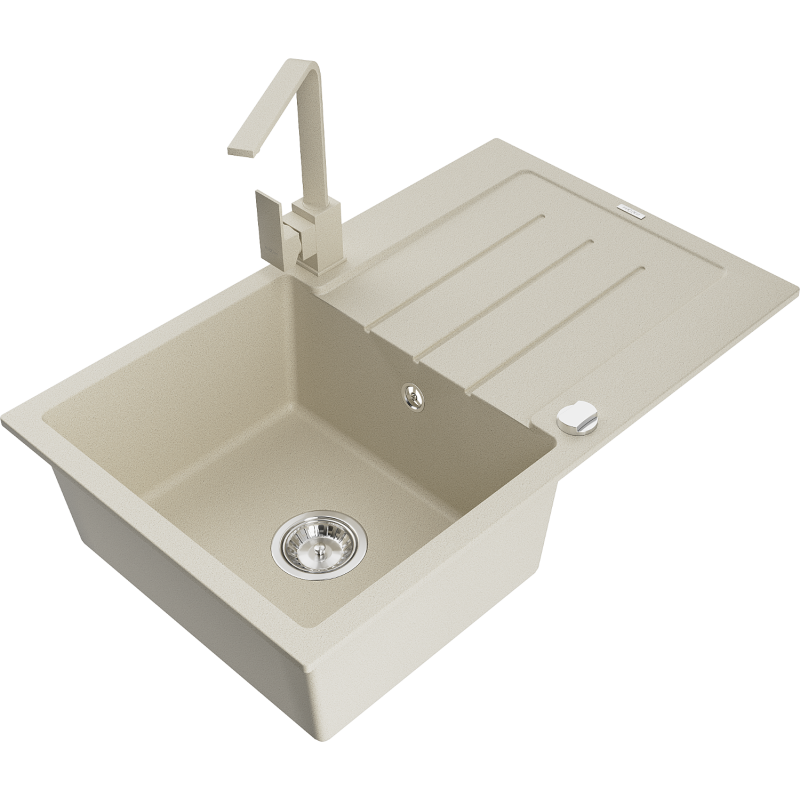 Mexen Bruno 1-bowl granite sink with drainer and Rita kitchen tap, beige - 6513-69-670300-69